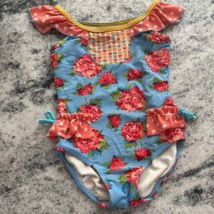 Matilda Jane Floral one piece polka dot flutter sleeve and ruffle waist swimsuit